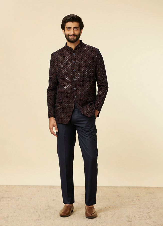 Dark Blue Dark Brown Sequin Embellished Jodhpuri Suit image number 3